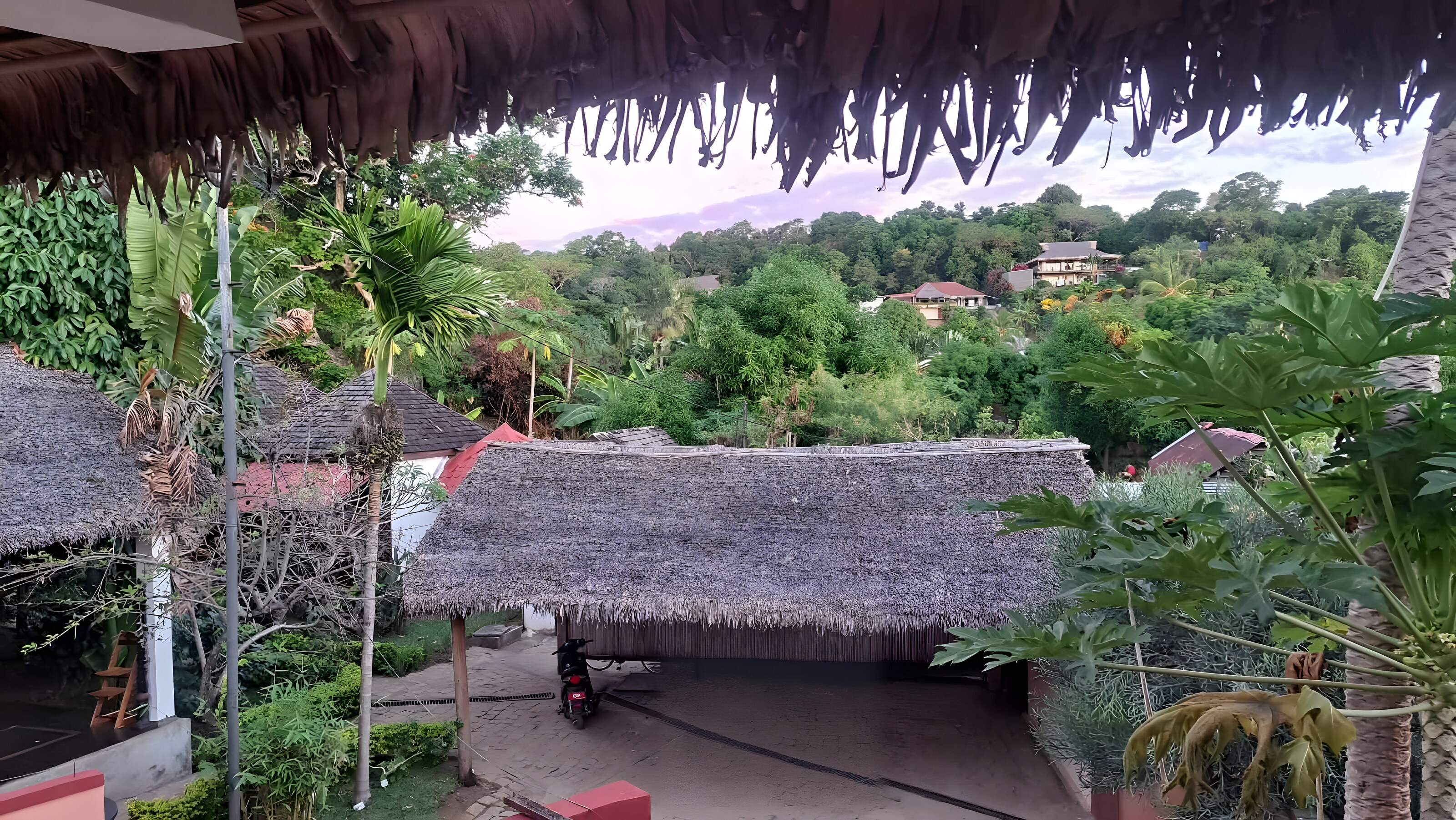 Vue sur les toits de palmes de l’hôtel et les collines boisées de Nosy Be