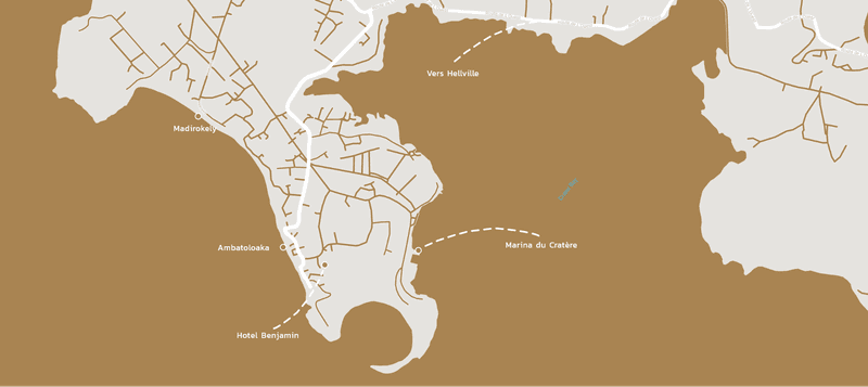 Carte illustrée d’Ambatoloaka : l’hôtel Benjamin, la plage, Madirokely, la route de Hell-Ville et la Marina du Cratère